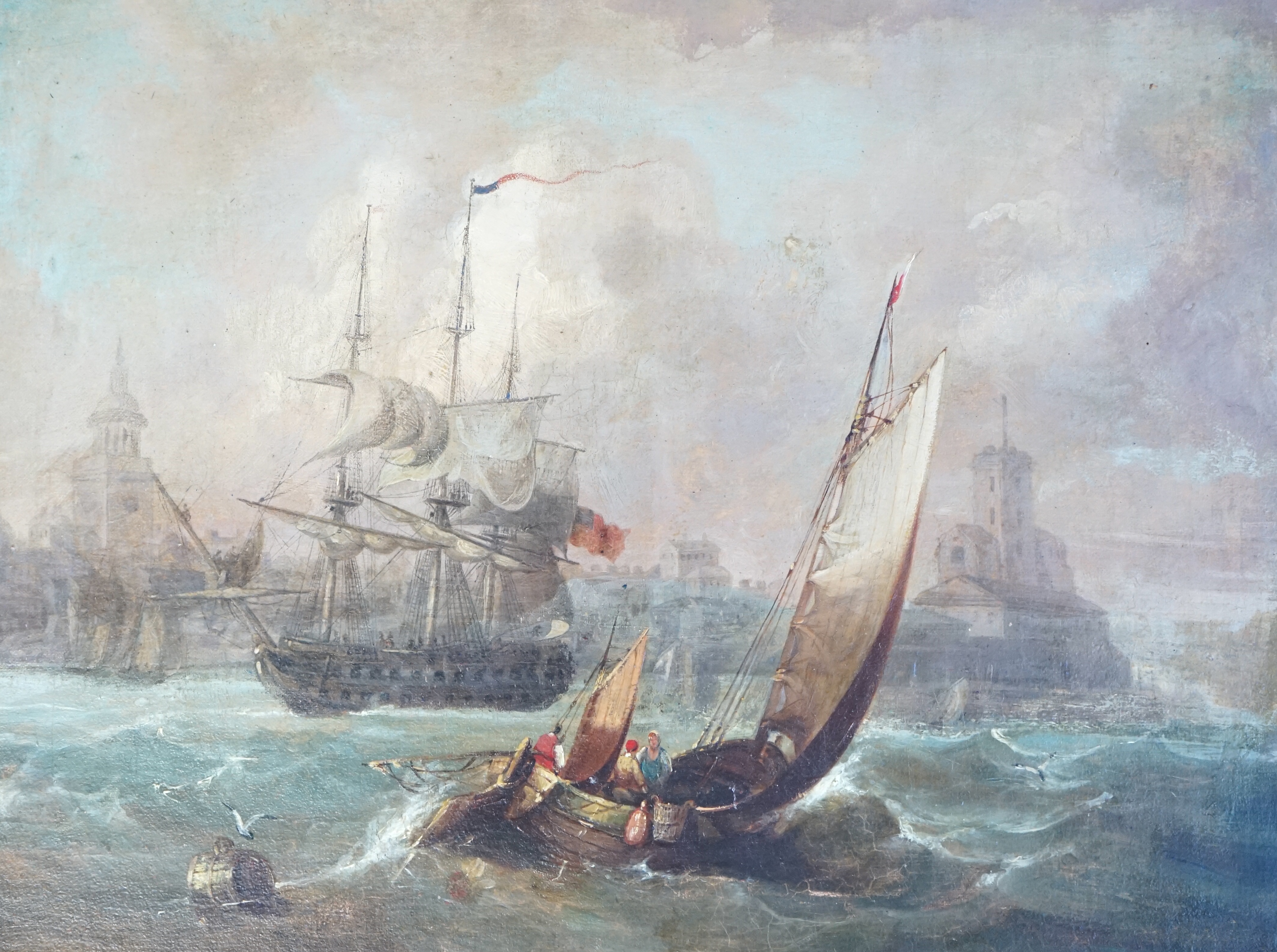 19th century English School , Shipping off a port, oil on canvas, 35 x 45cm